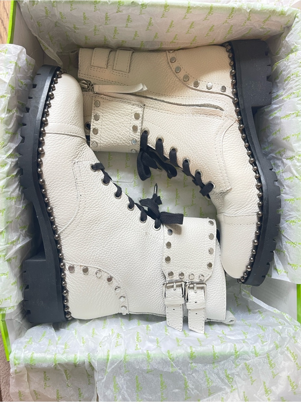 Sam Edelman White Studded Lace-Up Combat Boots with Buckles